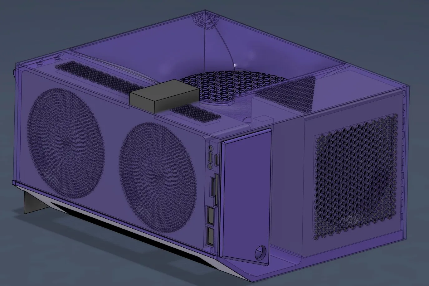 Fusion 360 render of the full case, showing the dual-fan front and mesh vent panels