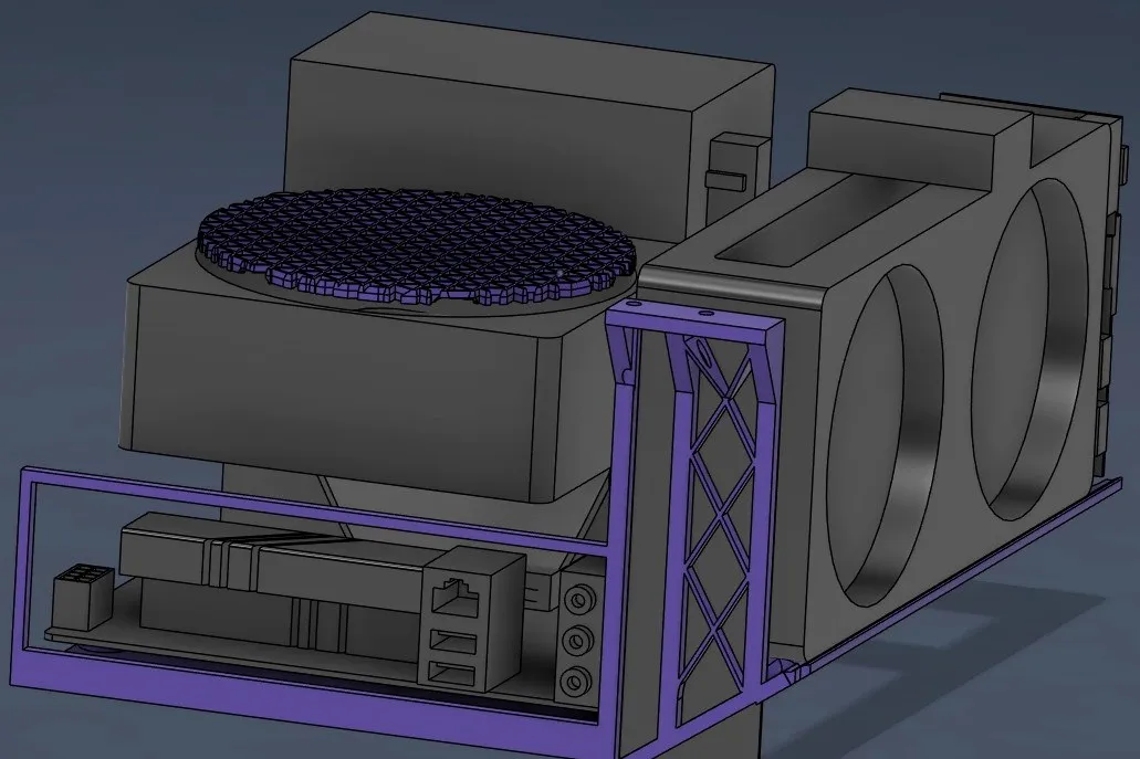 CAD render of the internal layout with the cooler, components, and frame